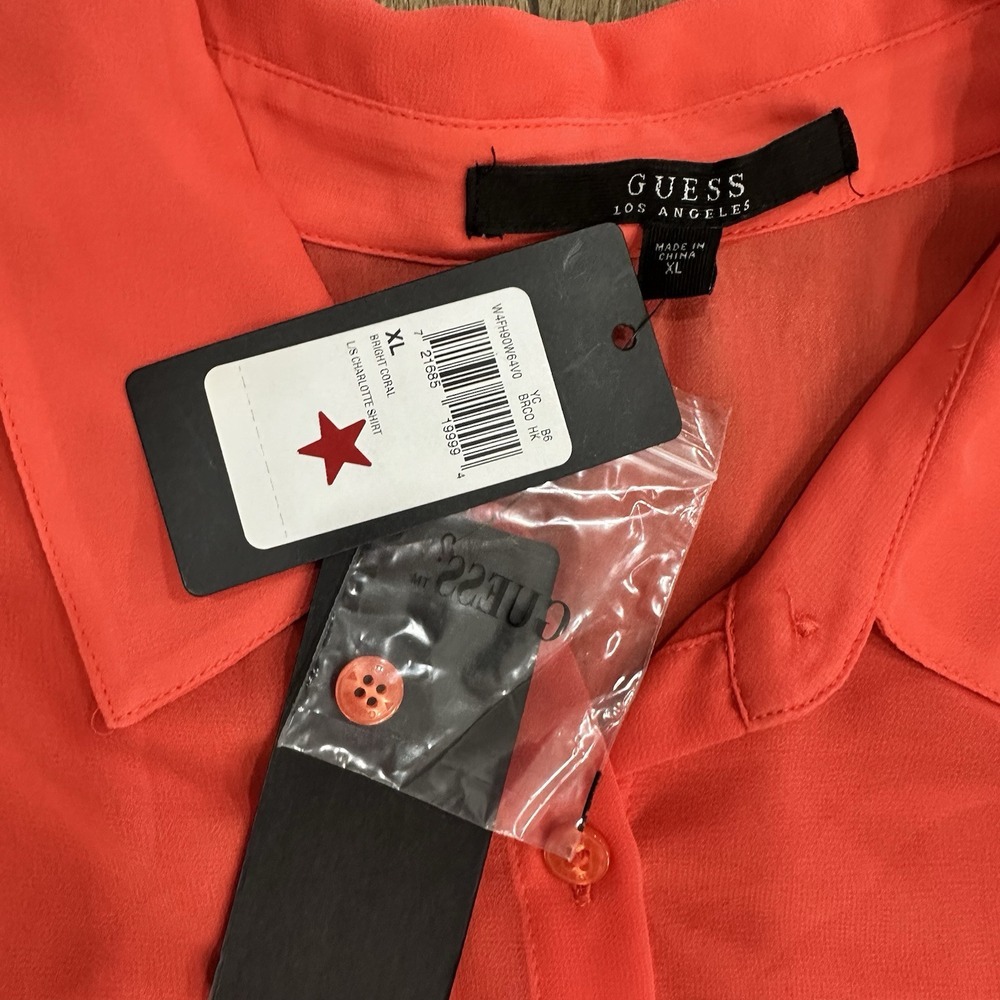 Guess Bright Coral LS Charlotte Blouse Women's‎ XL - Picture 3 of 4
